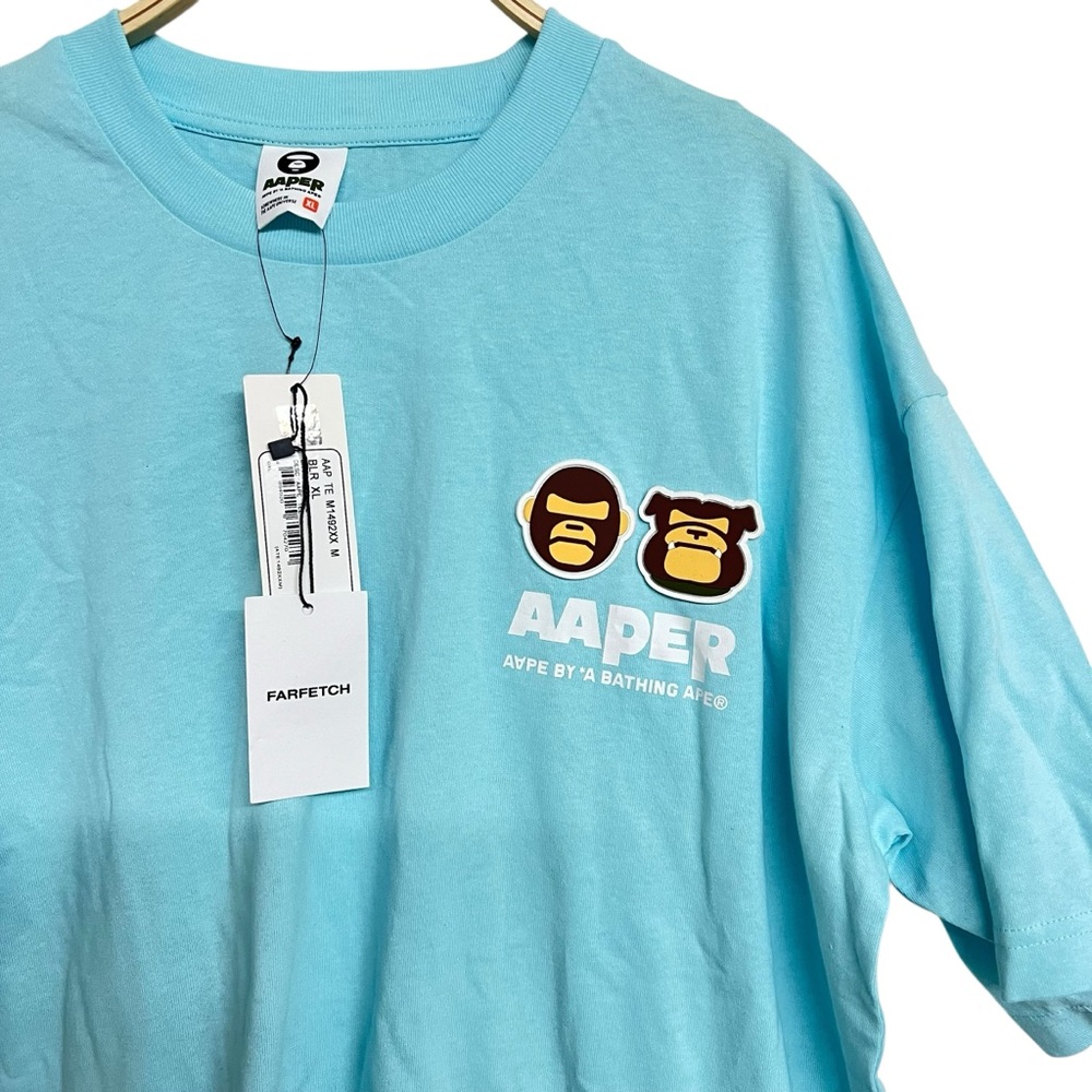 New Mens Aape by A Bathing Ape Logo Appliqué Cotton Light Blue T-shirt - Picture 2 of 8